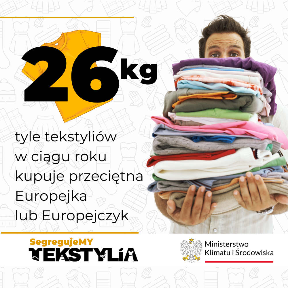 Mężczyzna trzyma stertę ubrań. Grafika informuje, że przeciętny Europejczyk kupuje 26 kg tekstyli&oacute;w rocznie. Promuje segregację tekstyli&oacute;w.